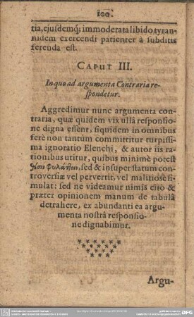Caput III. In quo ad argumenta Contraria respondetur
