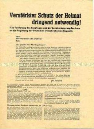 Flugschrift mit der Forderung des Landesregierung Sachsen an die DDR-Regierung nach energischen Maßnahmen gegen die Tätigkeit westlicher Agenten und Saboteure