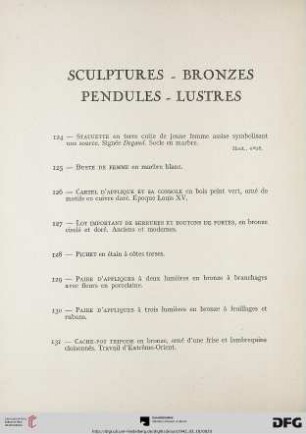 Sculptures – Bronzes – Pendules – Lustres (Nr. 124-140)