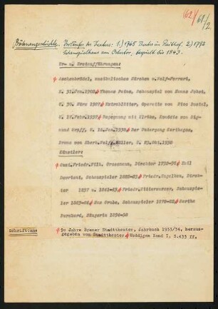 Stadttheater, Bremen: Schriftstück zum Fragebogen für das Handbuch »Das Deutsche Theater«, eine Seite