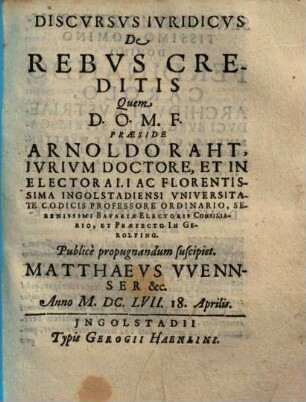 Discvrsvs Ivridicvs De Rebvs Creditis