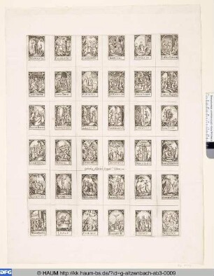 Sündenfall, Passion Christi bis zum Jüngsten Gericht, 36 Miniaturstiche auf einem Blatt