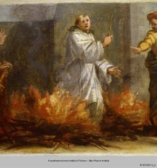 Pala Vallombrosana : Erzengel Michael und Johannes Gualbertus bei der Feuerprobe des seligen Petrus Igneus