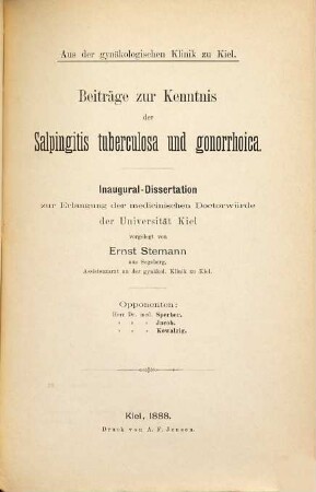 Beiträge zur Kenntnis der Salpingitis tuberculosa und gonorrhoica ...