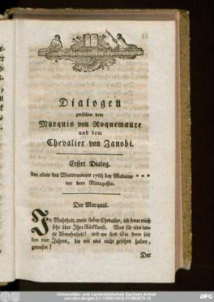 Erster Dialog. den 16ten des Wintermonats 1768 bey Madame vor Mittagessen.