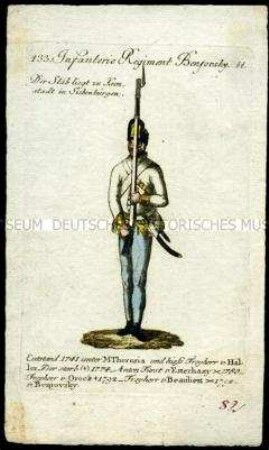 Uniformdarstellung, Gemeiner des Infanterie-Regiments Benjovszky Nr. 31, Österreich, 1796. Tafel aus: Geschichte und bildliche Vorstellung der Regimenter des Erzhauses Österreich.