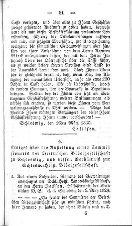 4. Einiges über die Anstellung eines Commissionairs der Brittischen Bibelgesellschaft zu Schleswig, und dessen Verhältniß zur Schlesw.=Holst. Bibelgesellschaft.