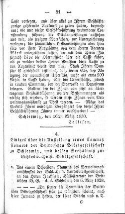 4. Einiges über die Anstellung eines Commissionairs der Brittischen Bibelgesellschaft zu Schleswig, und dessen Verhältniß zur Schlesw.=Holst. Bibelgesellschaft.