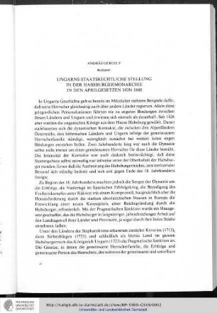 András Gergely - Ungarns staatsrechtliche Stellung in der Habsburgermonarchie in den Aprilgesetzen von 1848
