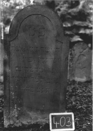Grabstein 403 (Index: 99895853) Material: Sandstein Zustand: gut Maße HxBxT: 130x67x10 cm Beschreibung: Stele mit eingezogenem Rundbogenabschluss: Grabstein 403
