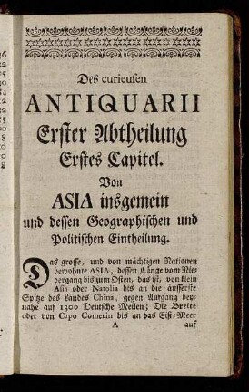 Erstes Capitel. Von Asia insgemein und dessen Geographischen und Politischen Eintheilung.