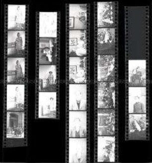 Schwarz-Weiß-Negative mit Portraitaufnahmen, sowie Aufnahmen einer Betriebsversammlung des Gemeinschaftswerkes Tempelhof