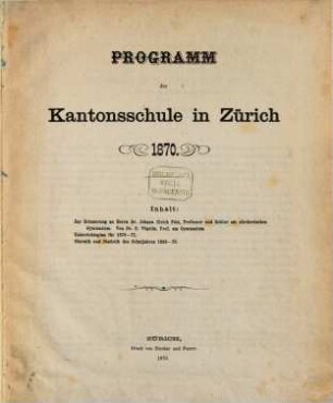 Programm der Kantonsschule in Zürich. 1870