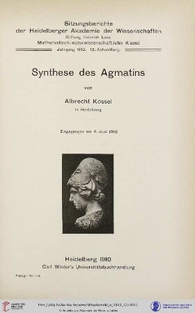 1910, 12. Abhandlung: Sitzungsberichte der Heidelberger Akademie der Wissenschaften, Mathematisch-Naturwissenschaftliche Klasse: Synthese des Agmatins