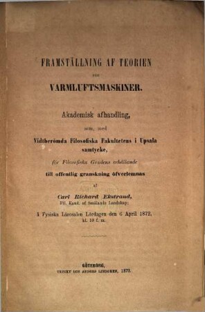 Framställning af teorien för varmlufts maskiner : Akad. afhandling