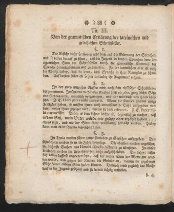 Tit. III. Von der gramatischen Erklärung der lateinischen und griechischen Schriftsteller