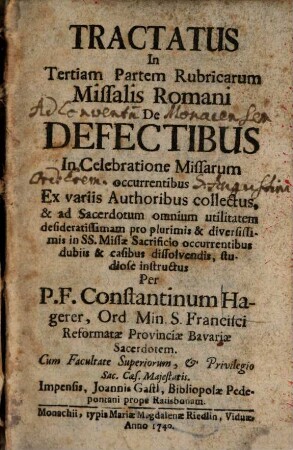 Tractatus de defectibus in celebratione Missarum