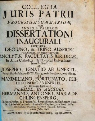 Collegia Juris Patrii Ad Processum Summarium : Cum Annexis Parergis Dissertationi Inaugurali