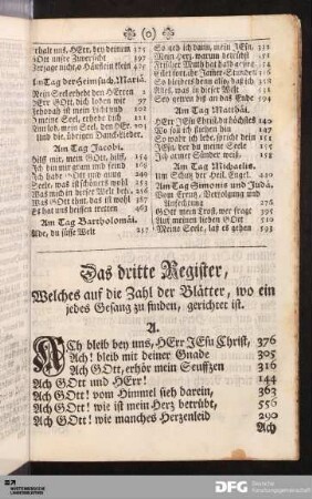 Das dritte Register, Welches auf die Zahl der Blätter, wo ein jedes Gesang zu finden, gerichtet ist.