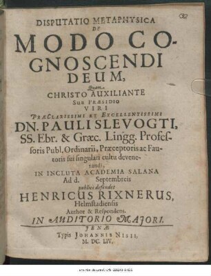 Disputatio Metaphysica De Modo Cognoscendi Deum