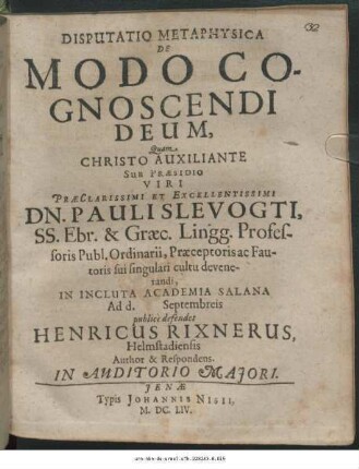 Disputatio Metaphysica De Modo Cognoscendi Deum