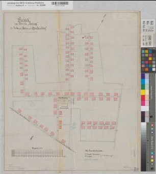Eving (Dortmund) Arbeiterkolonie der Zeche Stein und Hardenberg Projekte zur Kolonie Eving der Zeche Vereinigte Stein und Hardenberg 1882 1 : 1000 65 x 55 Zeichnung Landratsamt Dortmund Nr. 719