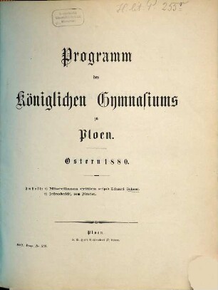 Programm des Königlichen Gymnasiums zu Ploen : Ostern .... 1879/80