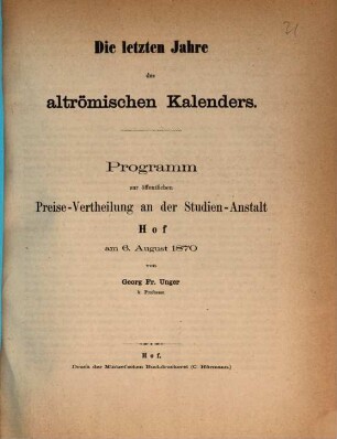 Programm zur öffentlichen Preise-Vertheilung an der Studienanstalt Hof, 1870