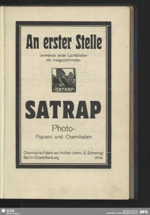 Werbung: Satrap Photopapiere und Chemikalien, Berline-Charlottenburg