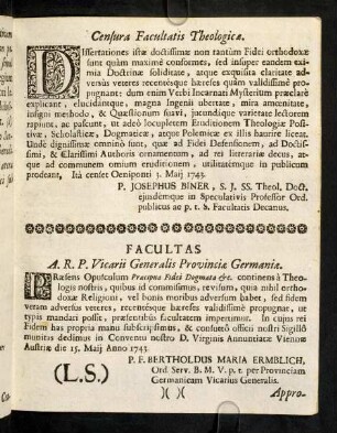 1r-1v, Censura Facultatis Theologica; Facultas; Approbatio Theologorum Ordinis