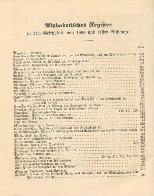 Alphabetisches Register zu dem Gesetzblatt von 1860 und dessen Anhange