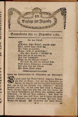 50. Beylage zur Jugendz. Sonnabends den 15. Dezember 1781