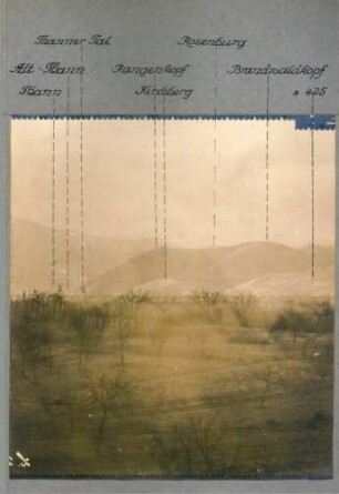 Foto aus der Beobachtungsstelle des "Artillerie-Kommandeurs Lutterbach" mit dem Ausschnitt Thann - Thanner Tal - Rangenkopf - Rosenburg - Brandwaldkopf (Rundbild)