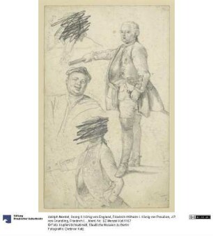 Georg II. König von England, Friedrich Wilhelm I. König von Preußen, J.P. von Grundling, Friedrich II. König von Preußen, zwei Köpfe getilgt