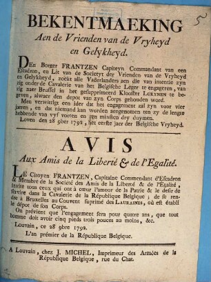 Bekentmaeking Aen de Vrienden van de Vryheyd en Gelykheyd : Loven den 28 9ber 1792 = Avis Aux Amis de la Liberté & de l'Egalité