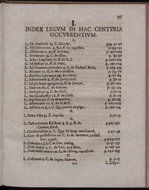 I. Index Legum In Hac Centuria Occurrentium.