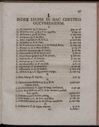 I. Index Legum In Hac Centuria Occurrentium.
