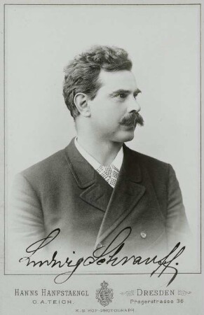 Porträt Ludwig Schrauff (1851-1921; Sänger). Fotografie (Cabinet mit Autogramm) von Atelier Teich-Hanfstaengl. Dresden, um 1887. Dresden: SLUB/DF 1999.E.1