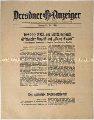 Nachrichtenblatt "Dresdner Anzeiger" mit Meldungen des Oberkommandos der Wehrmacht und des italienischen Oberkommandos u.a. zum Kriegsgeschehen an der Ostfront