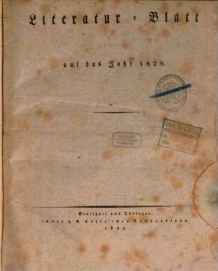 Morgenblatt für gebildete Stände. Literatur-Blatt. 1829