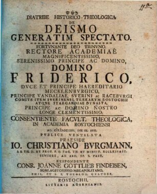 Diatribe Historico-Theologica De Deismo Generatim Spectato