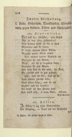 I. Liebe, Gehorsam, Dankbarkeit, Ehrerbietung gegen Aeltern, Lehrer und Wohlthäter