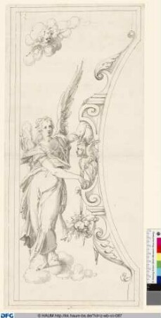 Segment-Dekoration mit Engel, Kopie der Vorzeichnung zu den Glasschnitten eines Heiltumsschreins nach Entw. von F. Sustris