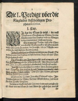 Die I. Predigt uber die Klaglieder deß heyligen Propheten Ieremiae. I. Cap.