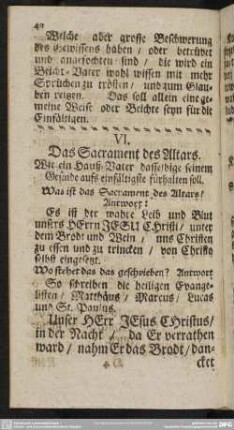 V. Das Sacrament des Altars. Wie ein Hauß-Vater dasselbige seinem Gesinde auffs einfältigste fürhalten soll