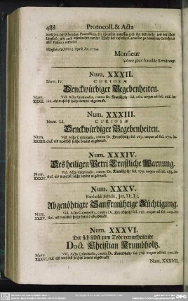Num. XXXII. Curiosae Denckwürdiger Begebenheiten