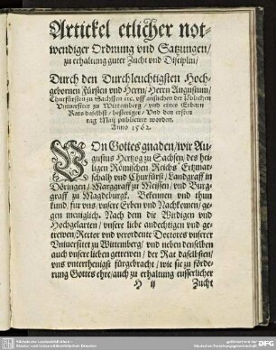 Artickel etlicher notwendiger Ordnung und Satzungen/ zu erhaltung guter Zucht und Disciplin.