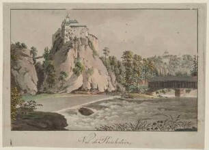 Die Burg Kriebstein in Sachsen über der Zschopau mit der hölzernen Brücke von Südwesten