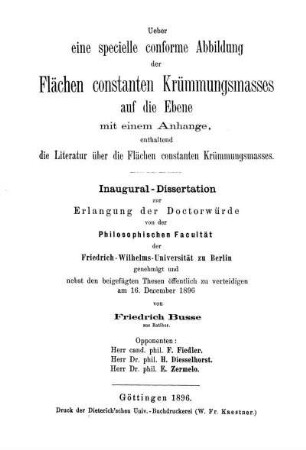 Ueber eine specielle conforme Abbildung der Flächen constanten Krümmungsmasses auf die Ebene
