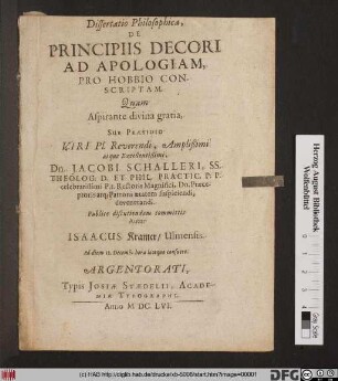 Dissertatio Philosophica, De Principiis Decori Ad Apologiam, Pro Hobbio Conscriptam